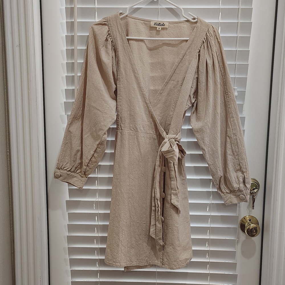 LISTICLE 100% COTTON BEIGE WRAP MINI DRESS WOMENS LARGE NATURAL MINIMALIST